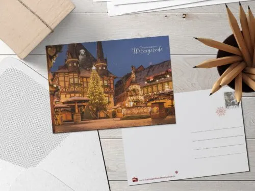 Postkarte Weihnachtsmarkt Wernigerode mit Rathaus Postkarte Weihnachtsmarkt Wernigerode mit Rathaus
