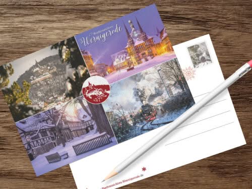 Stadtansichten-Werngerode_Winterkarte_2024 Übersicht der Postkarten von Wernigerode für das Postcrossing-Kennenlern-Angebot.